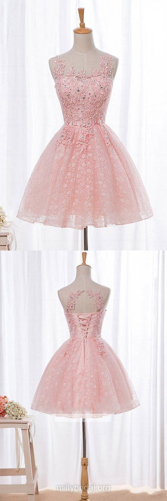 Open Back Pink Lace Beaded Short Homecoming Prom Dresses, Affordable Short Party Prom Sweet 16 Dresses, Perfect Homecoming Cocktail Dresses, CM369