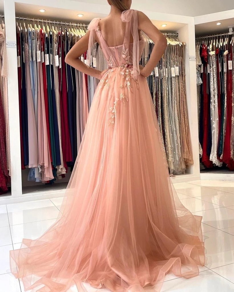 Peach Pink A-line High Slit See Through Long Prom Dresses Online,Dance Dresses,12479