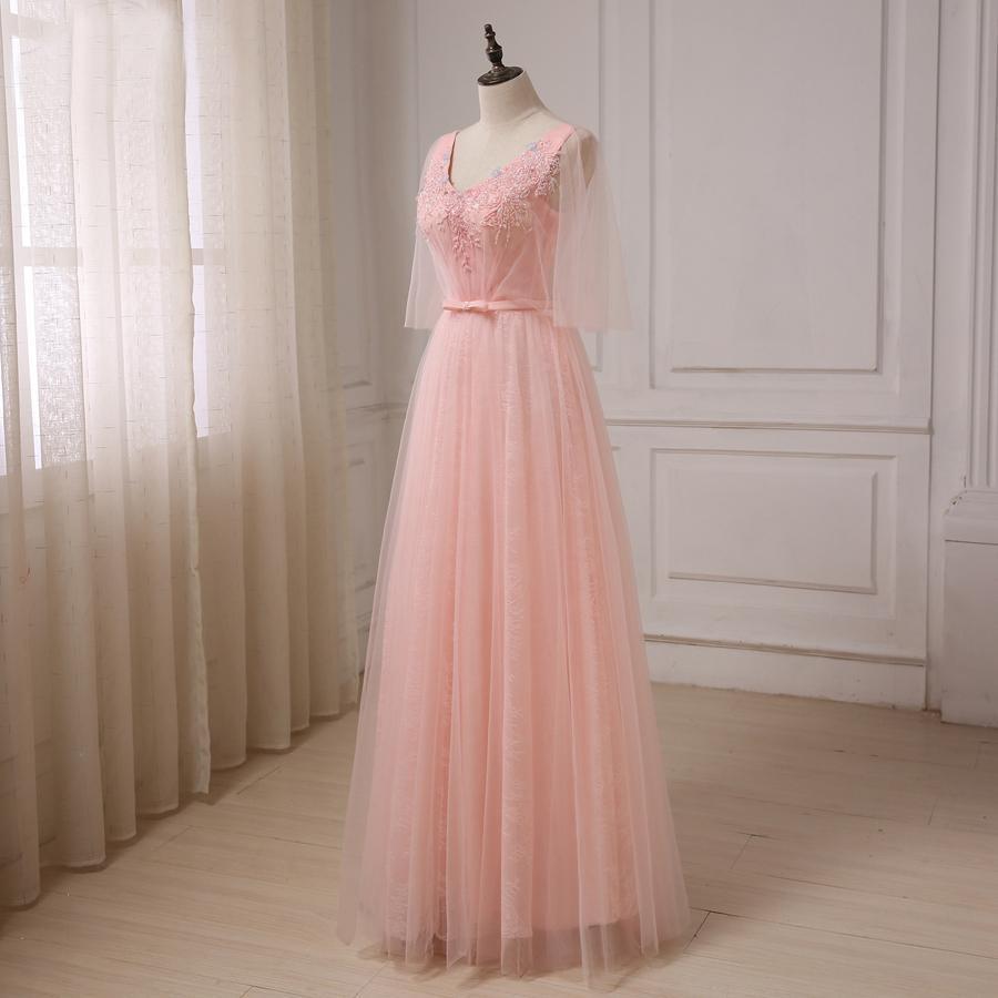 Peach Tulle Beaded Short Sleeve Long Evening Prom Dresses, Popular Cheap Long Party Prom Dresses, 17245