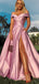 Pink A-line High Slit Off Shoulder Cheap Long Prom Dresses Online,Dance Dresses,12394