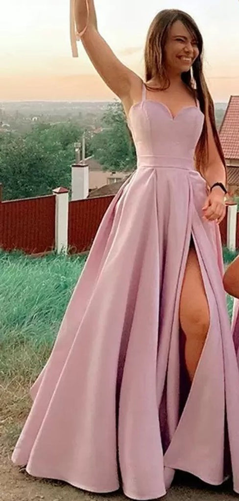 Pink A-line Spaghetti Straps High Slit Long Bridesmaid Dresses Online,WG1055
