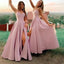 Pink A-line Spaghetti Straps High Slit Long Bridesmaid Dresses Online,WG1055