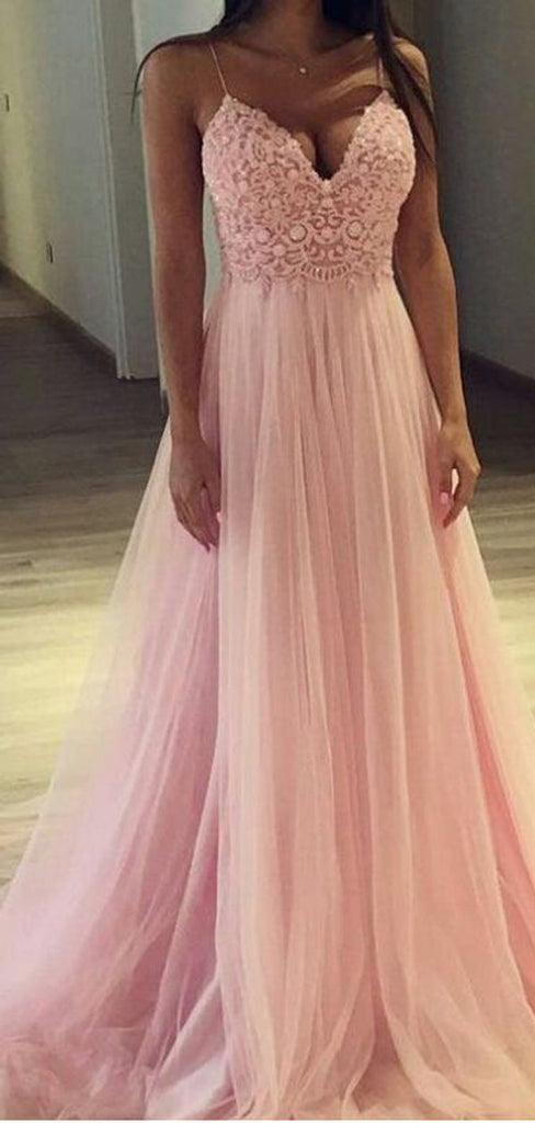 Pink A-line Spaghetti Straps V-neck Cheap Long Prom Dresses Online,12720