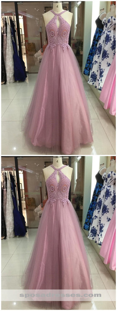 Pink Lace Applique A-line Long Evening Prom Dresses, Cheap Sweet 16 Dresses, 18306