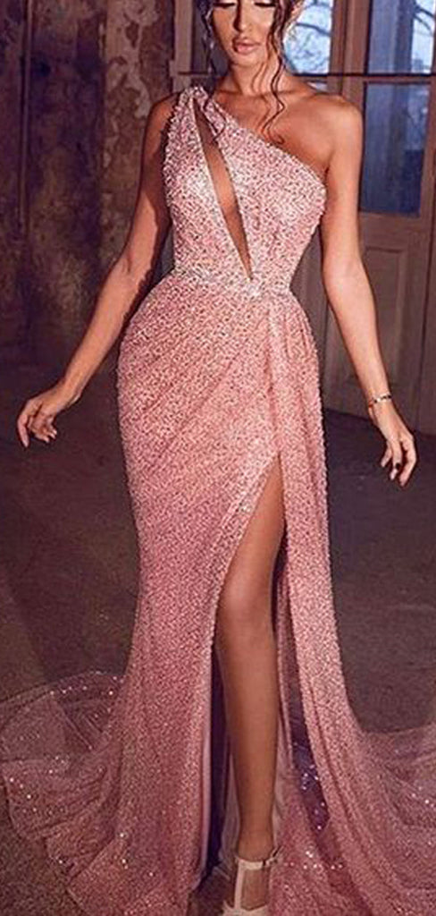 Pink Mermaid One Shoulder High Slit Maxi Long Prom Dresses,Evening Dresses,12975