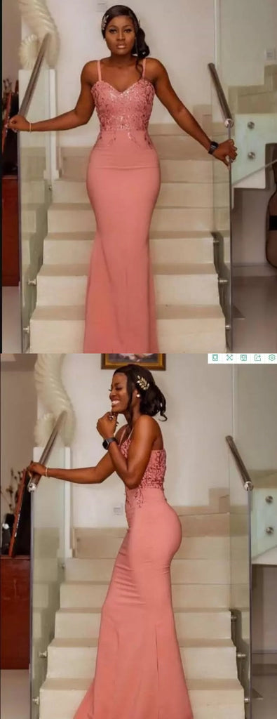 Pink Mermaid Spaghetti Straps Cheap Long Bridesmaid Dresses,WG1372