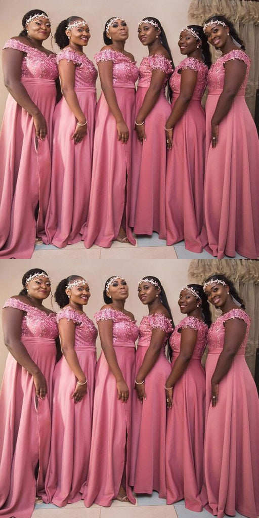 Pink Off Shoulder A-line Side Slit Cheap Long Bridesmaid Dresses Online,WG1472