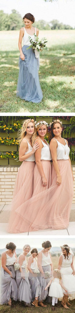 Popular Cheap Junior Off Shoulder Scoop Neck White Blush Pink Tulle Long Bridesmaid Dresses, WG40