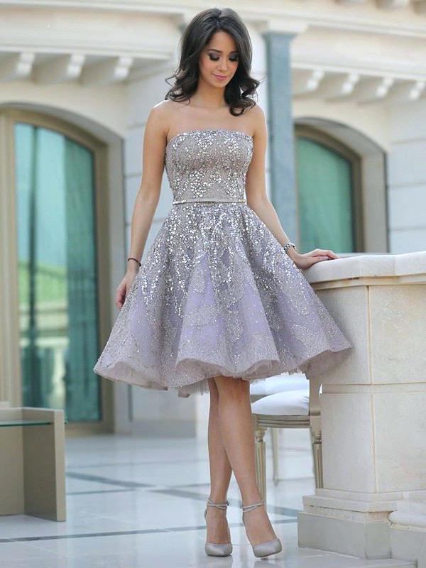 Popular Grey strapless Gorgeous Straight Neck A-line homecoming prom gown dress,BD00151