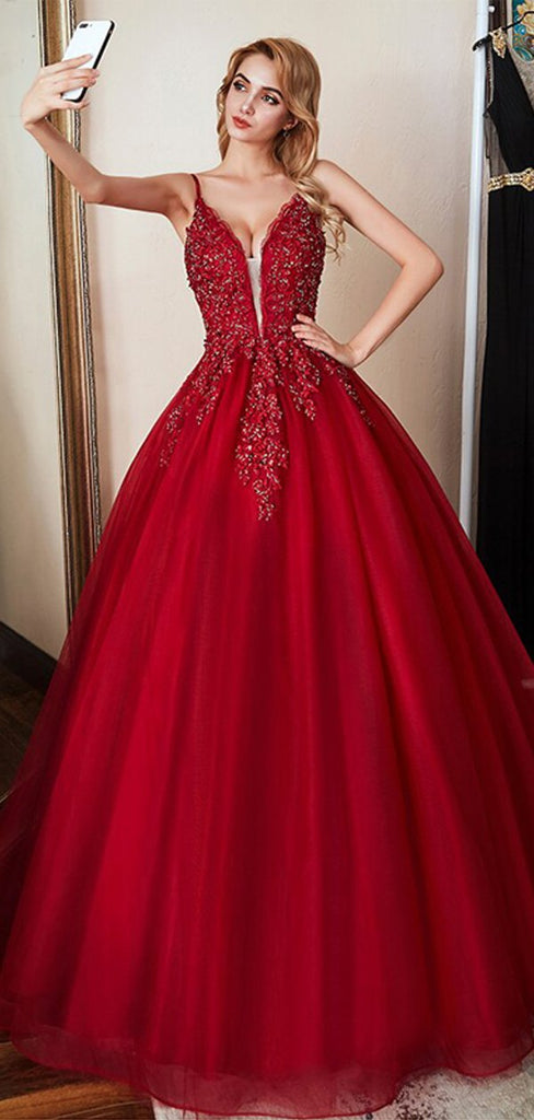 Red A-line Spaghetti Straps V-neck Long Prom Dresses Online, Dance Dresses,12381