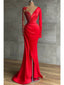 Red Mermaid Long Sleeves V-neck Cheap Long Prom Dresses,12679