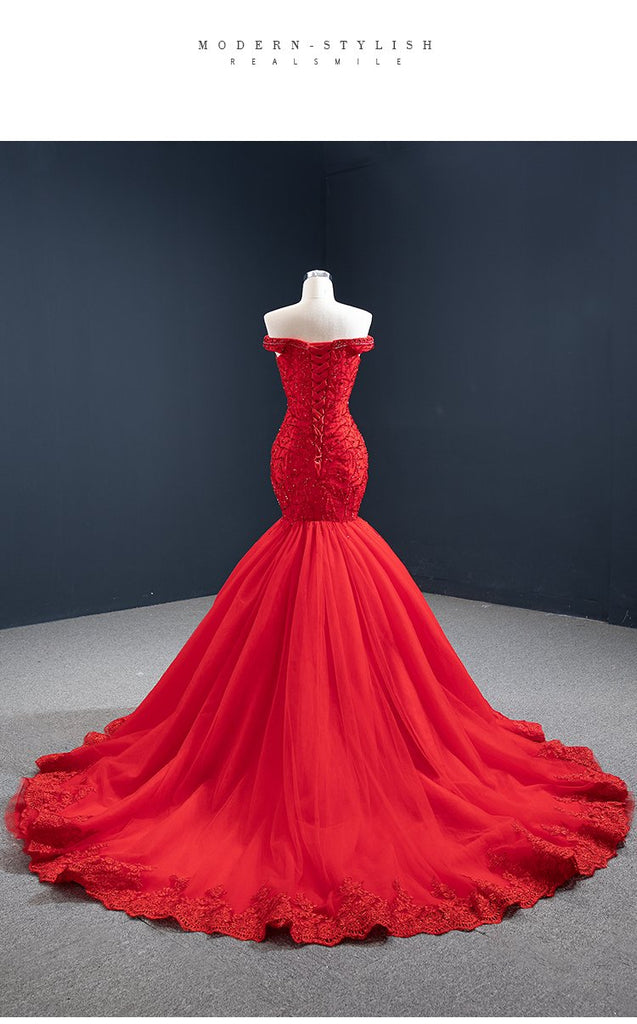 Red Mermaid V-neck Off Shoulder Long Party Prom Dresses Online,12376