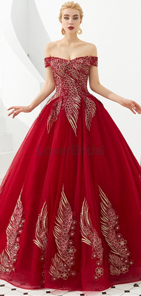 Red Off Shoulder A-line Long Evening Prom Dresses, Evening Party Prom Dresses, 12127