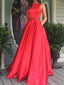 Red Open Back Bateau A-line Long Evening Prom Dresses, 17680