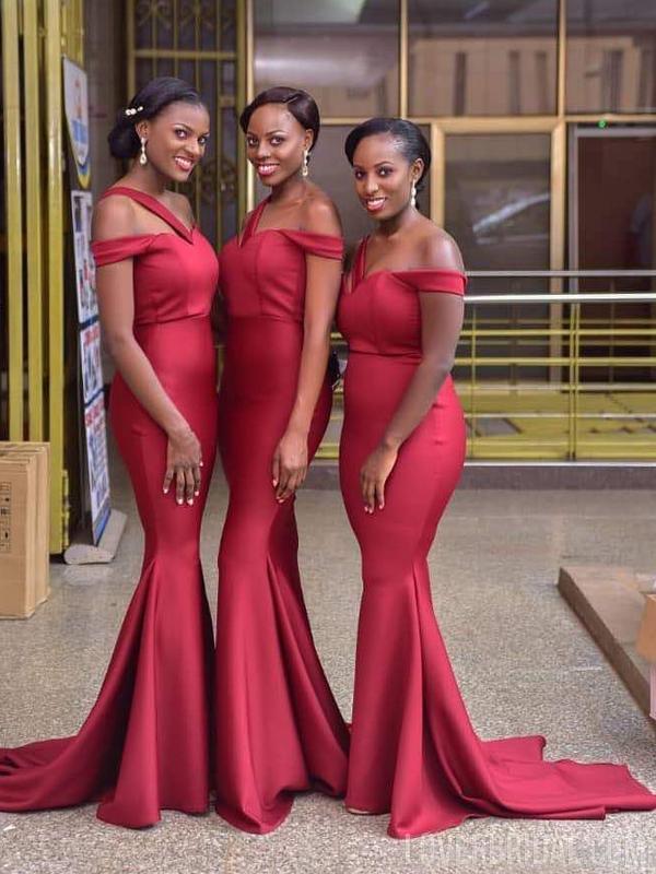 Red Straps Unique Long Mermaid Sexy Cheap Bridesmaid Dresses Online, WG576