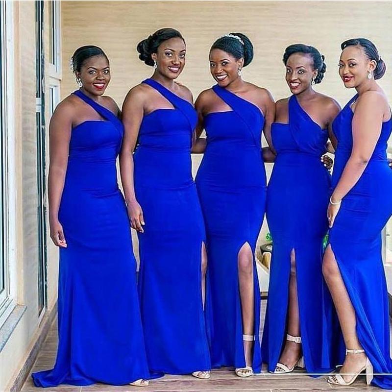 Royal Blue Mermaid High Slit Spaghetti Straps Long Bridesmaid Dresses Gown Online,WG960