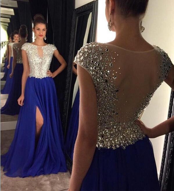 Royal Blue See Through Prom Dress, Royal Blue Long Prom Dress, Beaded Prom Dress, 2017 Evening Party Prom Dress, 17004