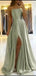 Sage A-line Spaghetti Straps High Slit Cheap Long Prom Dresses Online,12709