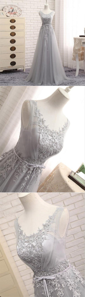 Scoop Neckline Gray Lace Evening Prom Dresses, Popular Lace Party Prom Dresses, Custom Long Prom Dresses, Cheap Formal Prom Dresses, 17183