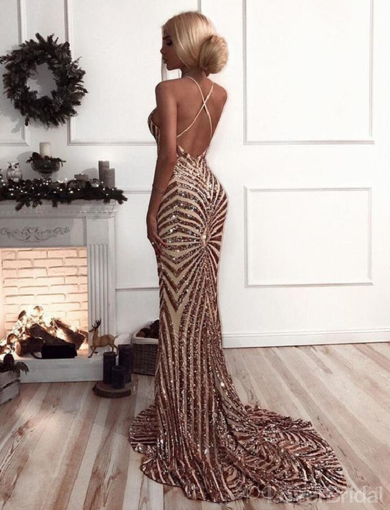 Sequin Mermaid Rose Gold Lace Long Evening Prom Dresses, Sparkly Party Prom Dresses, 18611