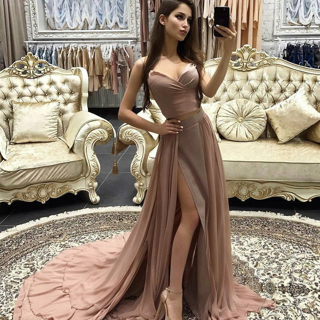 Sexy 2 Pieces Deep V Neckline Simple Chiffon Long Evening Prom Dresses, Popular Cheap Long Custom Party Prom Dresses, 17323