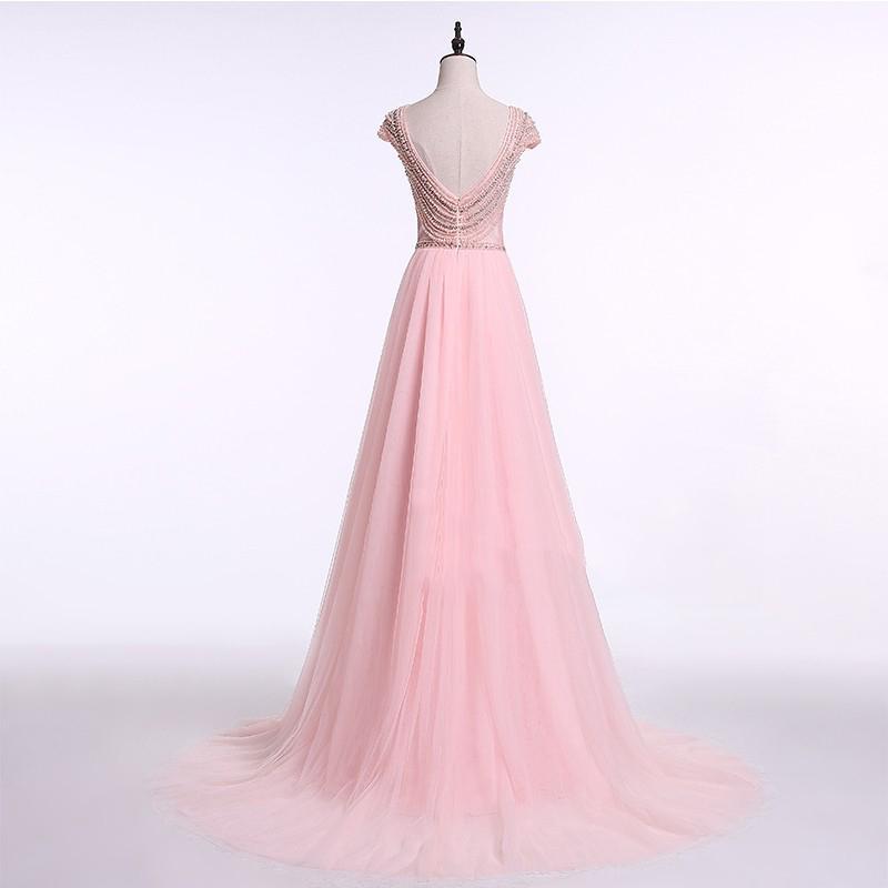 Sexy Backless Cap Sleeve Blush Pink Beaded Long Evening Prom Dresses, Popular Cheap Long Party Prom Dresses, 17241