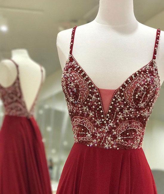 Sexy Backless Dark Red Deep V Neckline Heavily Beaded A line Long Evening Prom Dresses, Popular Cheap Long Party Prom Dresses, 17262