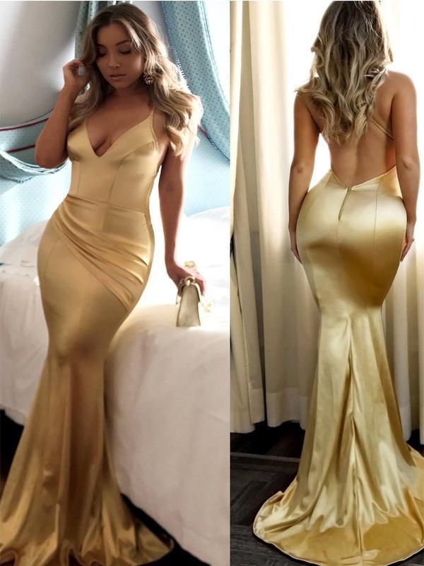 Sexy Backless Gold Mermaid Cheap Long Evening Prom Dresses, Cheap Sweet 16 Dresses, 18327