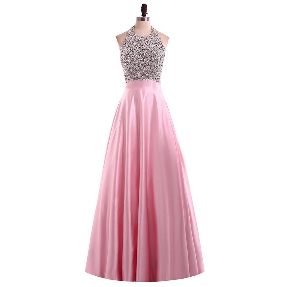 Sexy Backless Halter Heavily Beaded Pink Long Evening Prom Dresses, Popular Cheap Long Party Prom Dresses, 17236