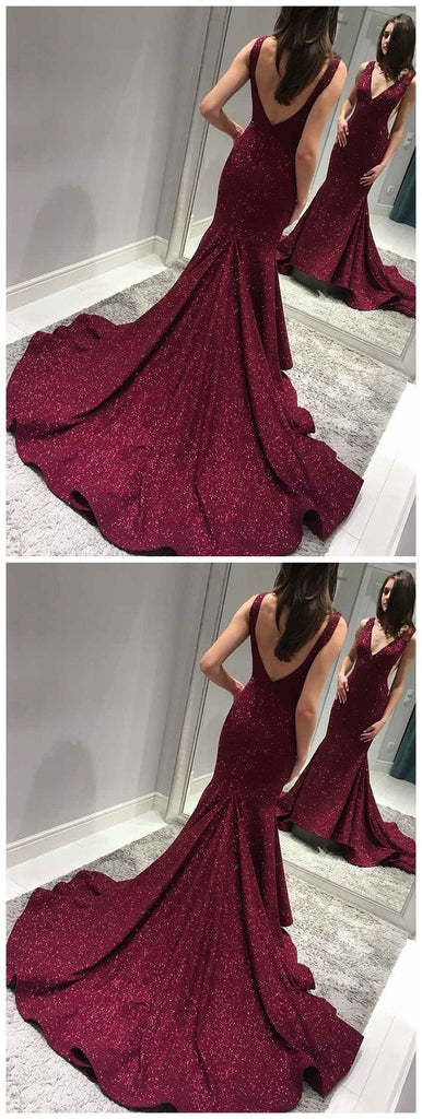 Sexy Backless Maroon Sequin Mermaid Side Slit Long Evening Prom Dresses, Sparkly Sweet 16 Dresses, 18341