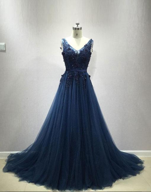 Sexy Backless V Neckline Navy Lace Beaded Evening Prom Dresses, Popular Navy Tulle Party Prom Dress, Custom Long Prom Dresses, Cheap Formal Prom Dresses, 17155