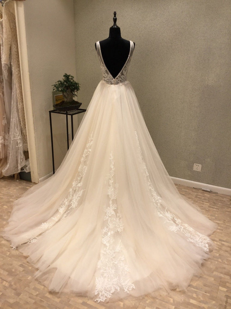 Sexy Backless V Neckline See Through Lace Wedding Bridal Dresses, Custom Made Wedding Dresses, Affordable Wedding Bridal Gowns, WD243