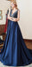 Sexy Blue A-line Straps V-neck Backless Cheap Long Party Prom Dresses Online,12364