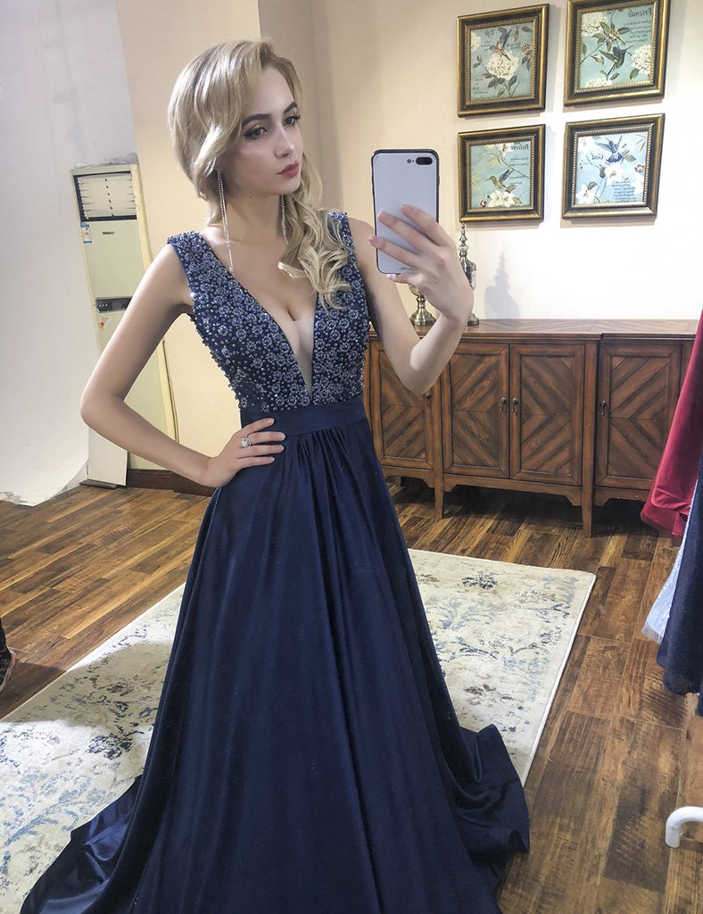 Sexy Blue A-line Straps V-neck Backless Cheap Long Party Prom Dresses Online,12364