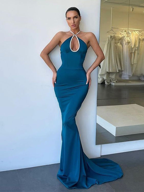 Sexy Blue Mermaid Halter Cheap Maxi Long Prom Dresses Online,13051