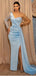 Sexy Blue Mermaid One Shoulder Side Slit Long Sleeves Prom Dresses,12851