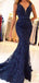 Sexy Blue Mermaid V-neck Maxi Long Prom Dresses,Evening Dresses,12936