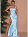 Sexy Blue Sheath One Shoulder High Slit Cheap Long Prom Dresses,12827