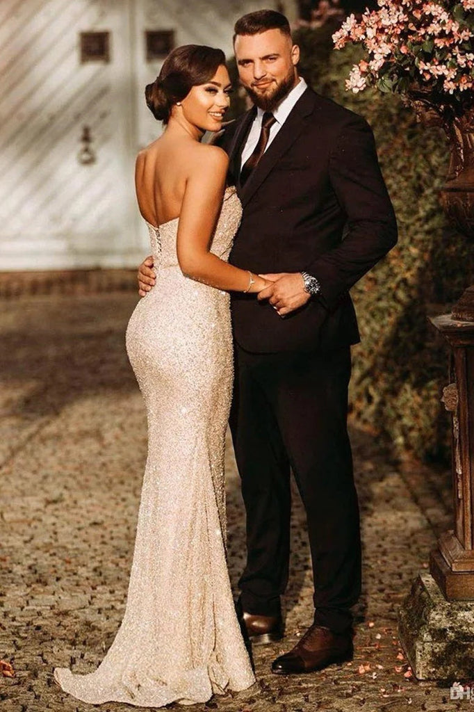 Sexy Champagne Mermaid Strapless Side Slit Maxi Long Prom Dresses Online,13052