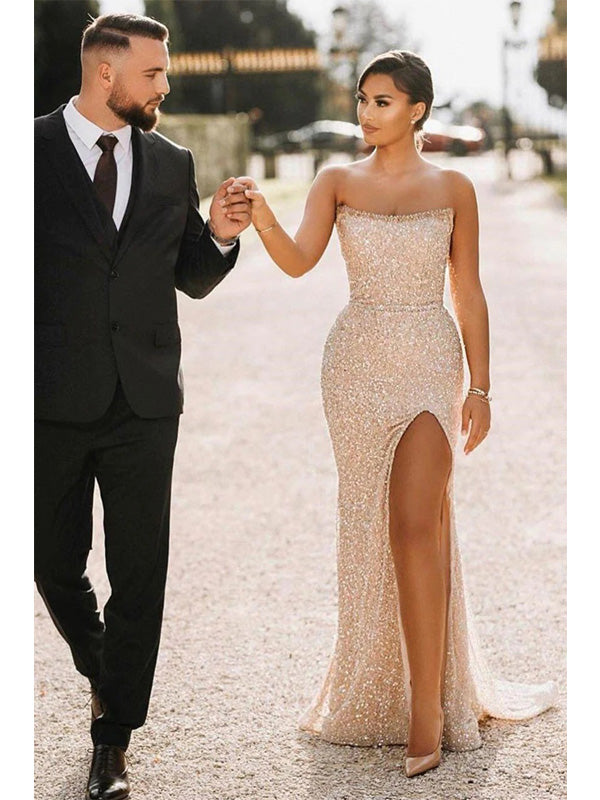 Sexy Champagne Mermaid Strapless Side Slit Maxi Long Prom Dresses Online,13052