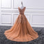 Sexy Deep V Neckline Brown A line Lace Long Evening Prom Dresses, Popular Cheap Long Party Prom Dresses, 17237