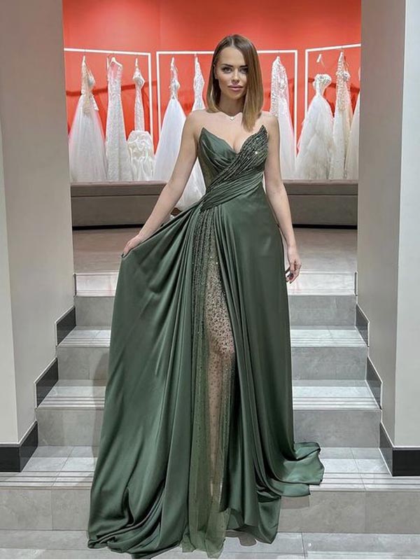 Sexy Green A-line V-neck High Slit Maxi Long Prom Dresses,Evening Dresses,13027