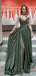 Sexy Green A-line V-neck High Slit Maxi Long Prom Dresses,Evening Dresses,13027