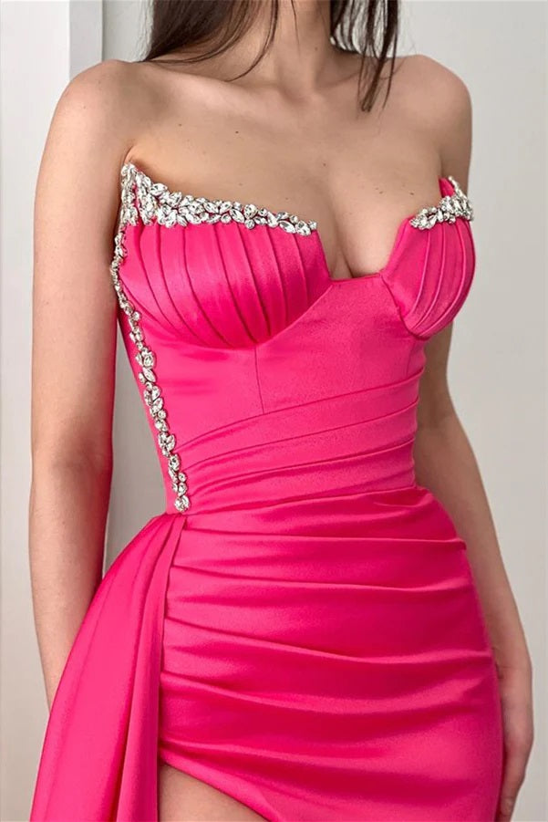 Sexy Hot Pink Sheath Sweetheart High Slit Cheap Long Prom Dresses,12841