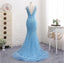 Sexy Low Back Blue V Neckline Heavily Beaded Luxuries Mermaid Evening Prom Dresses, Popular Unique Party Prom Dress, Custom Long Prom Dresses, Cheap Formal Prom Dresses, 18003