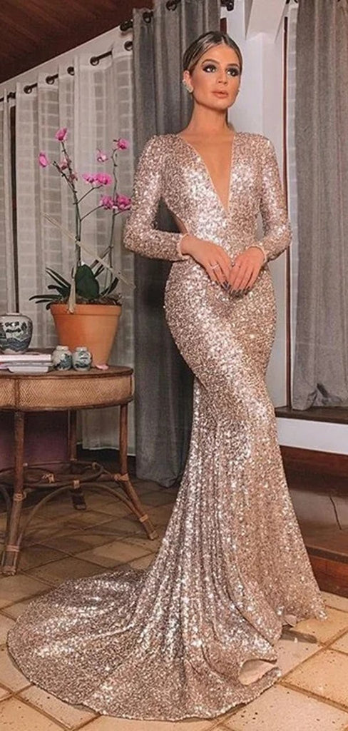 Sexy Mermaid Champagne Long Sleeves V-neck Cheap Prom Dresses Online,12395