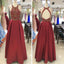 Sexy Open Back Halter Gold Beading Dark Red Long Evening Prom Dresses, Popular Cheap Long Party Prom Dresses, 17296