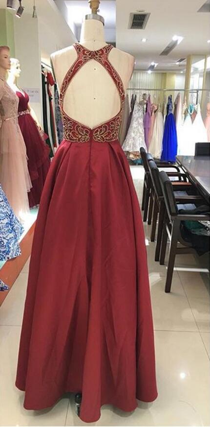 Sexy Open Back Halter Gold Beading Dark Red Long Evening Prom Dresses, Popular Cheap Long Party Prom Dresses, 17296