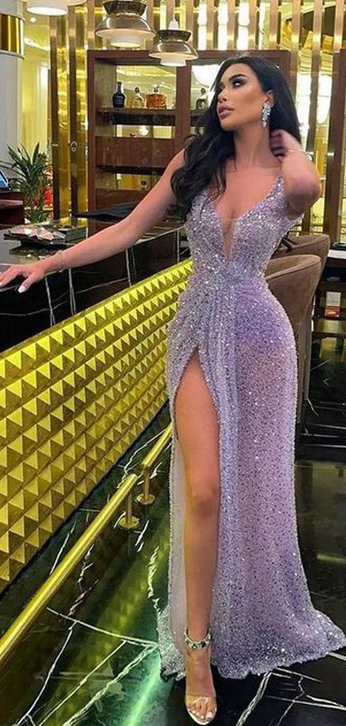 Sexy Purple V-neck High Slit Cheap Long Prom Dresses Online,12788
