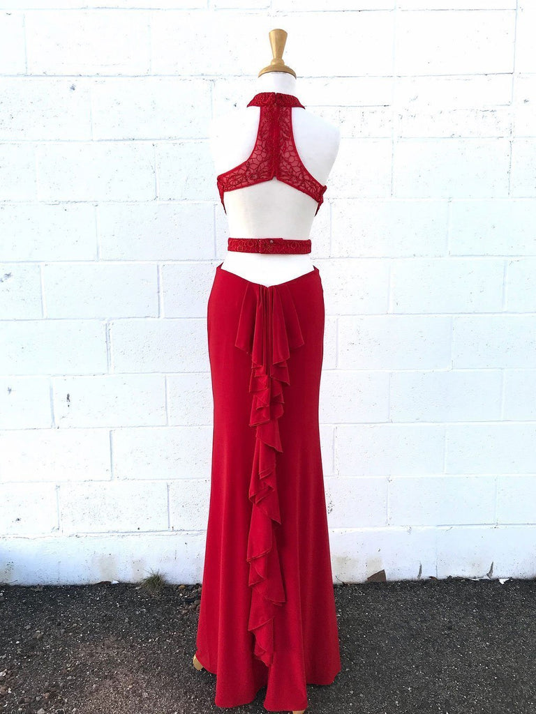 Sexy Red Lace Halter Backless Mermaid Long Evening Prom Dresses, 17552